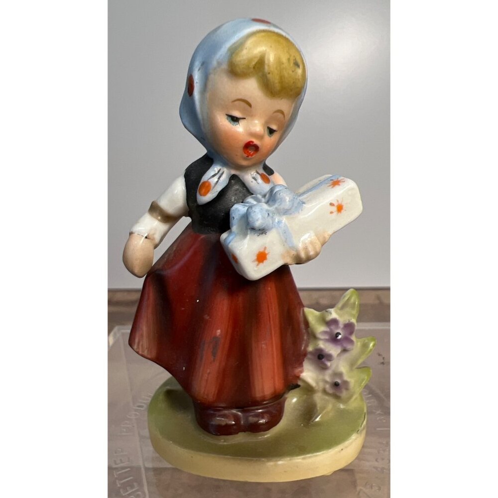 Vintage Napcoware Figurine Girl Holding Gift Hand-Painted Porcelain Collectible
